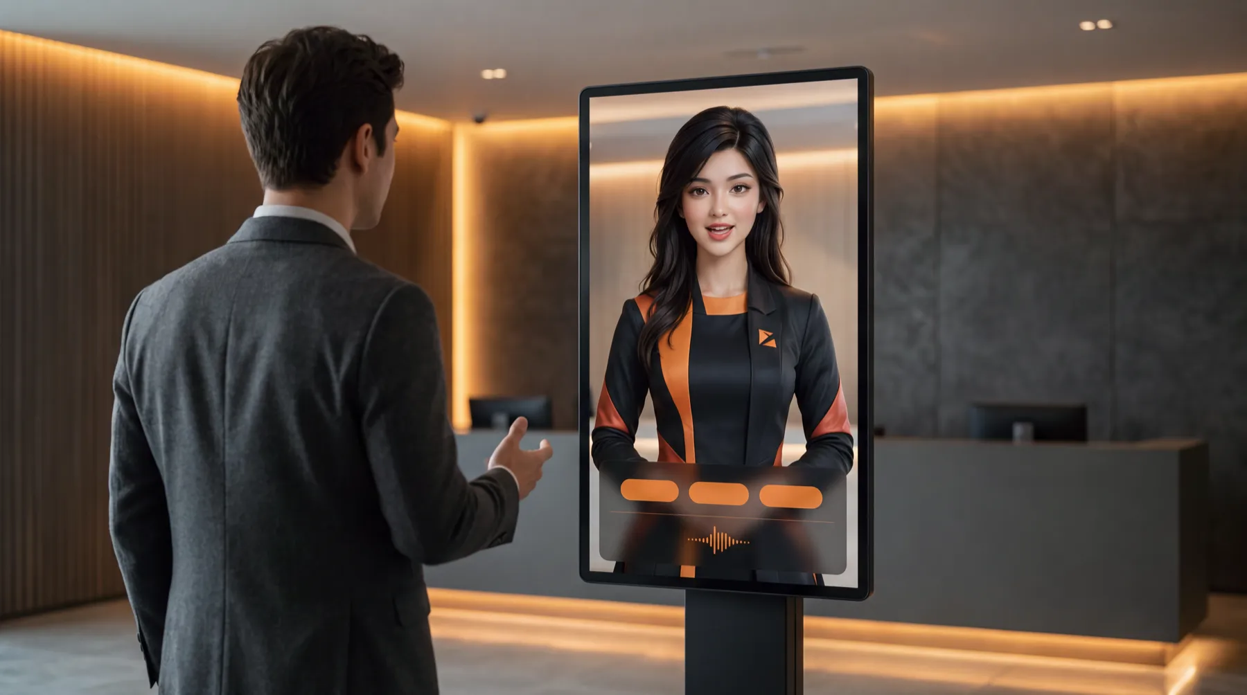 A visitor talking with Joya, shown life size on a tall kiosk screen in a lobby