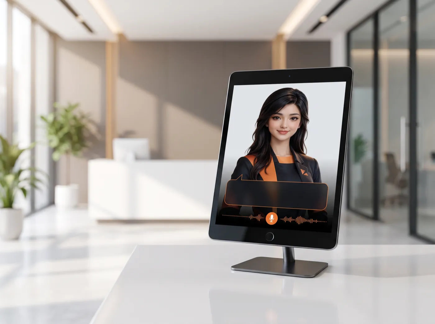Joya greeting a visitor on a tablet at a reception counter
